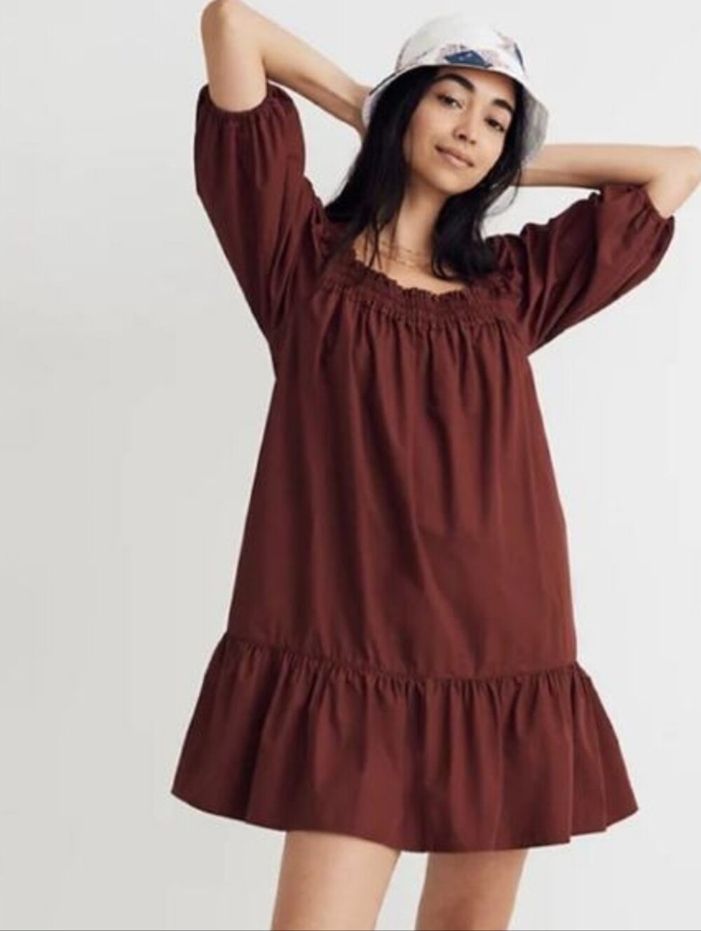 Madewell oxblood color cotton puff sleeve smocked neckline dress